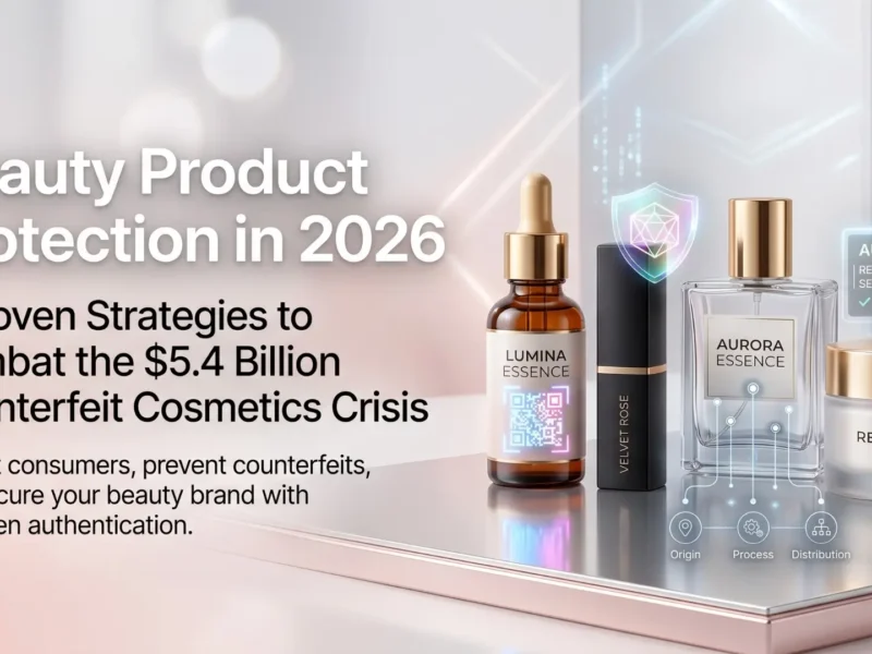Beauty product protection 2026 showing authenticated cosmetics with QR codes versus counterfeit fake products crisis