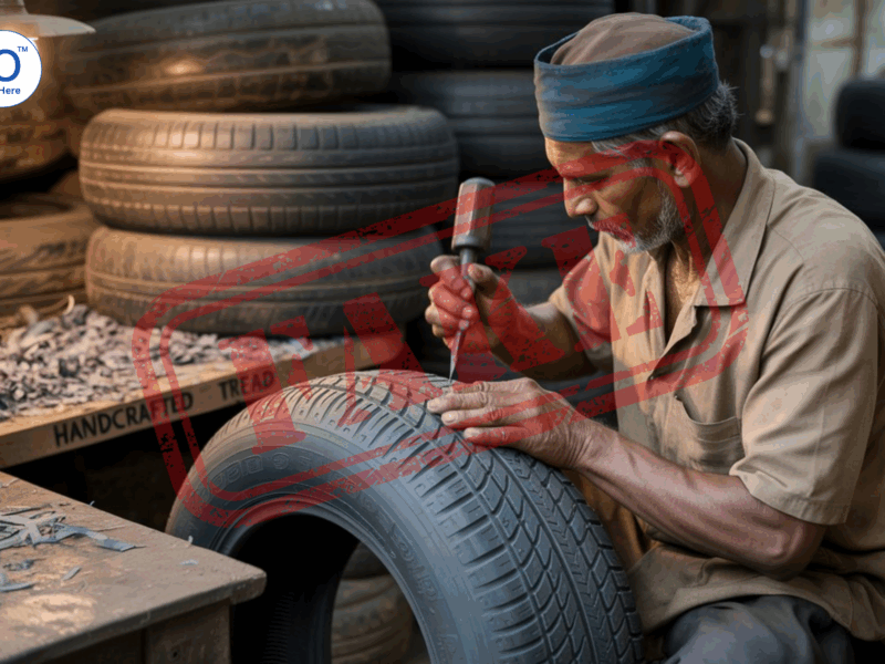 Counterfeit tires on a car causing safety hazards and increased risks