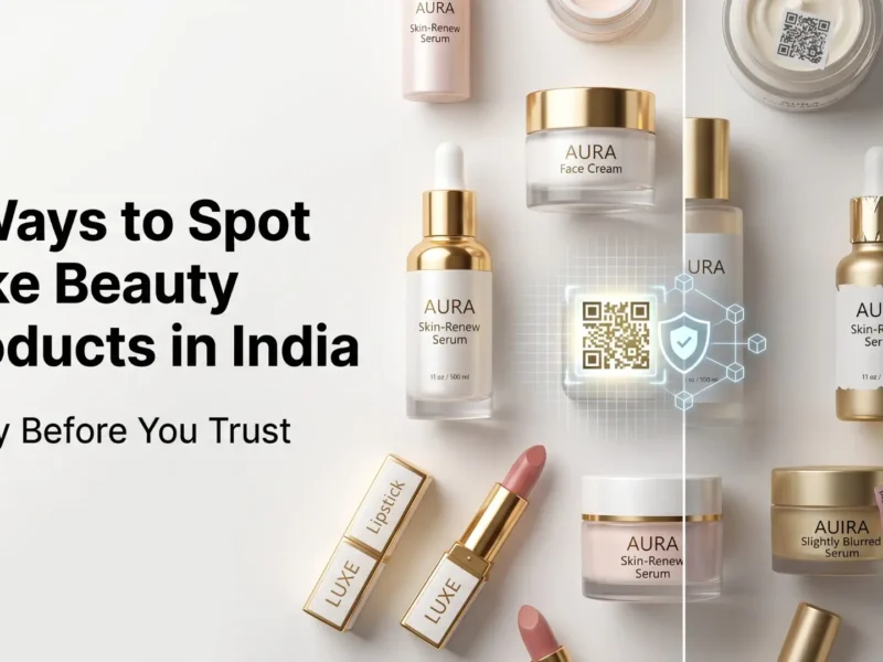 Indian consumer inspecting beauty product packaging for signs of counterfeiting