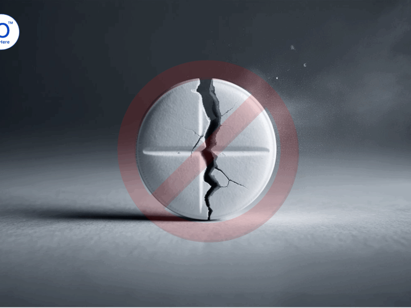 Close-up of cracked pill leaking dark liquid symbolizing counterfeit drugs risk